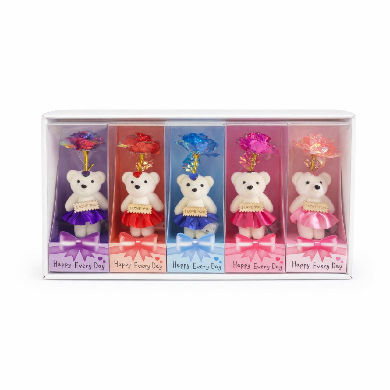 Set 5 ursuleti cu floare artificiala LED si baterii incluse, Happy Every Day, 25 x 9.5 cm