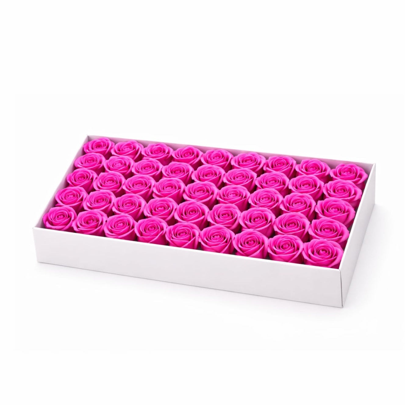 Set 50 Trandafiri de Sapun Parfumati in Cutie Eleganta Cadou 44x23 cm Fucsia