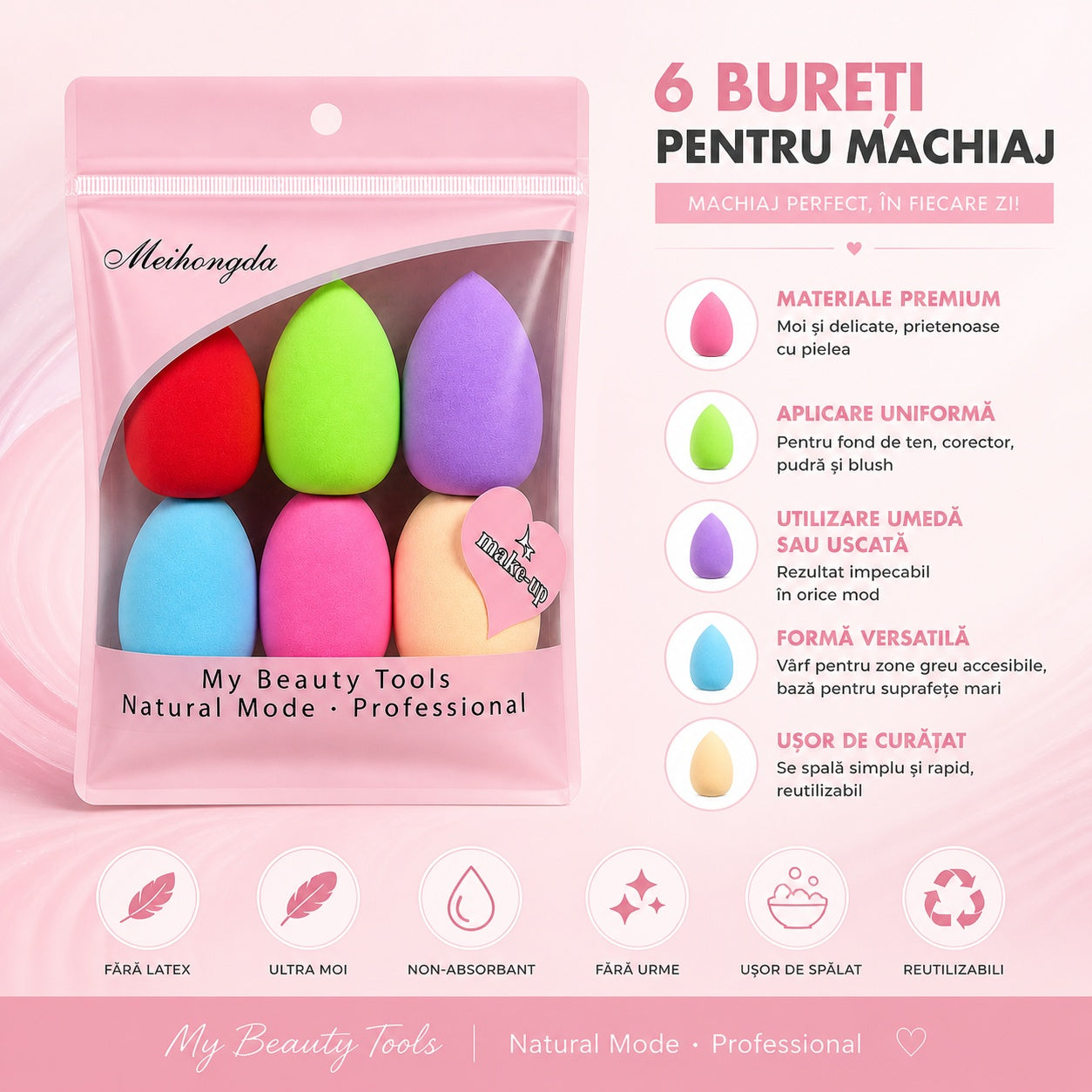 Set 6 Bureței pentru Machiaj Multicolor, tip lacrima – Ultra Moi și Reutilizabili