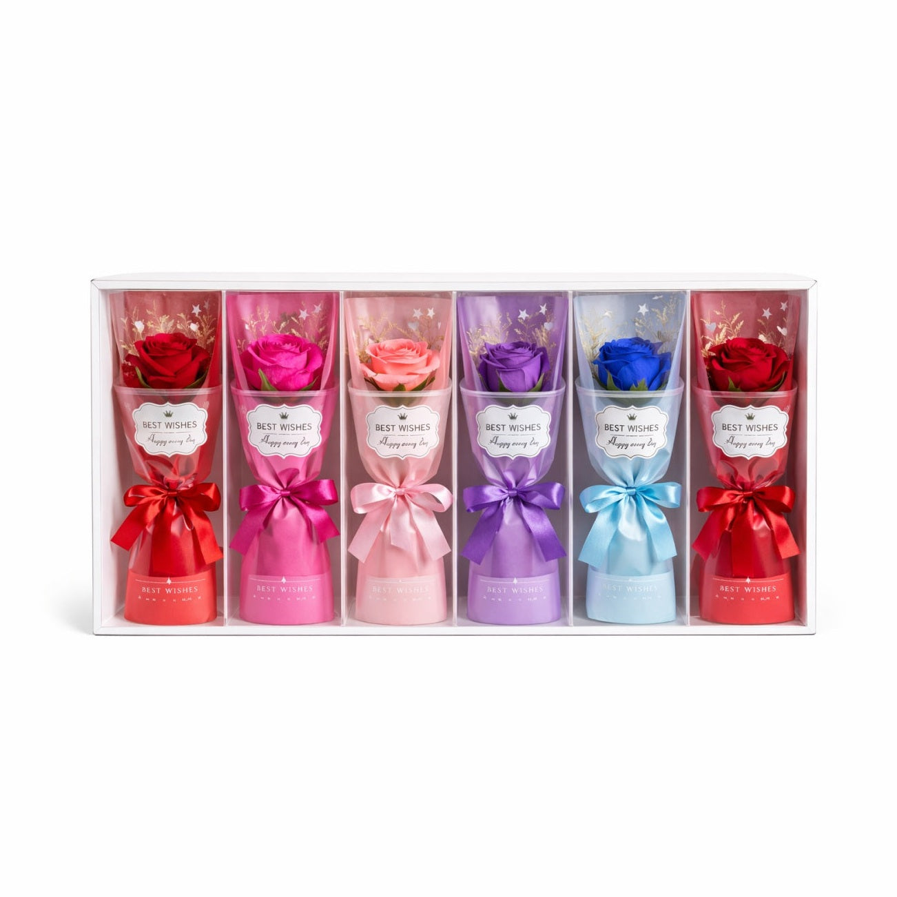 Set 6 flori artificiale cu ambalaj cadou Best Wishes, multicolor, 28.5 x 11 cm