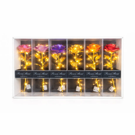 Set 6 flori artificiale cu LED si baterii incluse, Gold Rose, ambalaj cadou, 26 x 7.5 cm