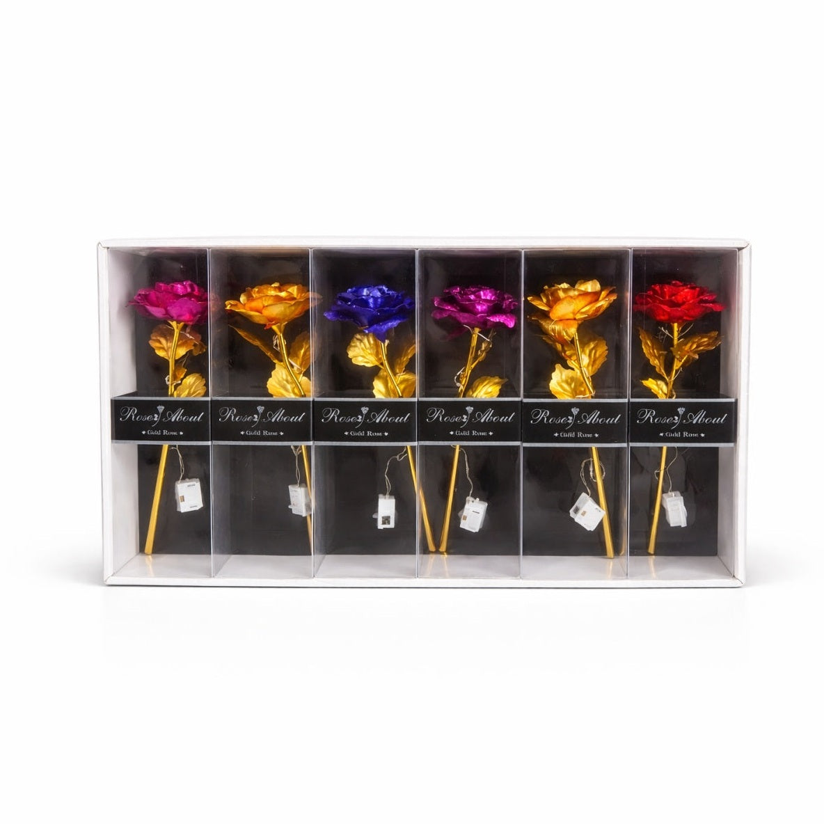 Set 6 flori artificiale cu LED si baterii incluse, Gold Rose, ambalaj cadou, 26 x 7.5 cm