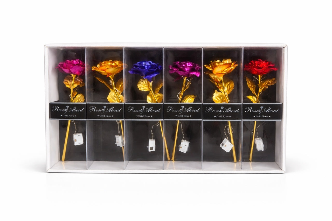 Set 6 flori artificiale cu LED si baterii incluse, Gold Rose, ambalaj cadou, 26 x 7.5 cm