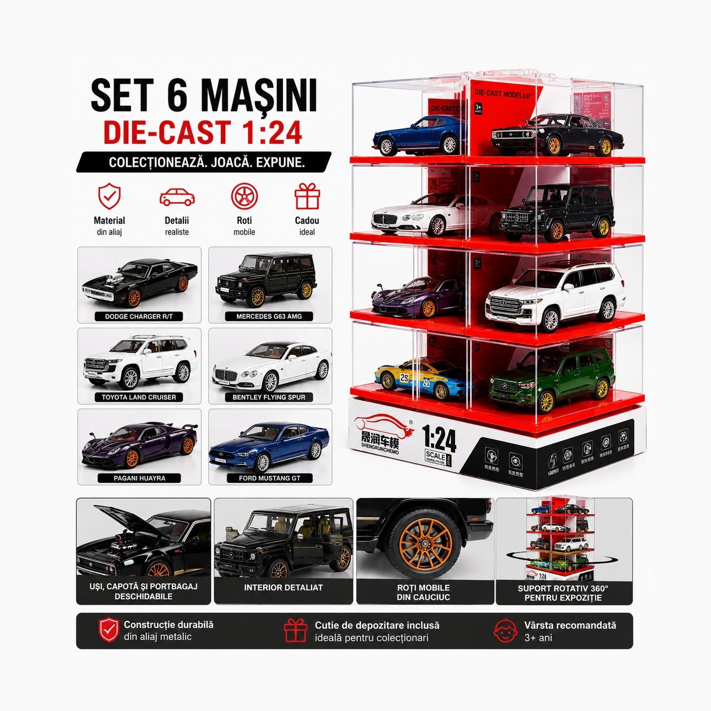 Set 6 masinute metalice scara 1:24 cu lumini si sunete set display modular rotativ