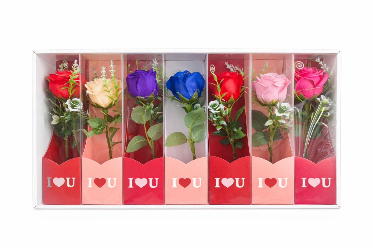 Set 7 flori artificiale cu LED si baterii incluse, ambalaj cadou I Love U, 26 x 7 cm
