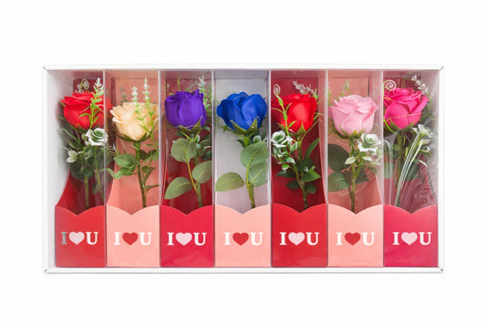 Set 7 flori artificiale cu LED si baterii incluse, ambalaj cadou I Love U, 26 x 7 cm