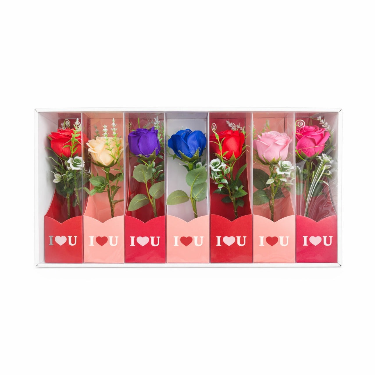 Set 7 flori artificiale cu LED si baterii incluse, ambalaj cadou I Love U, 26 x 7 cm