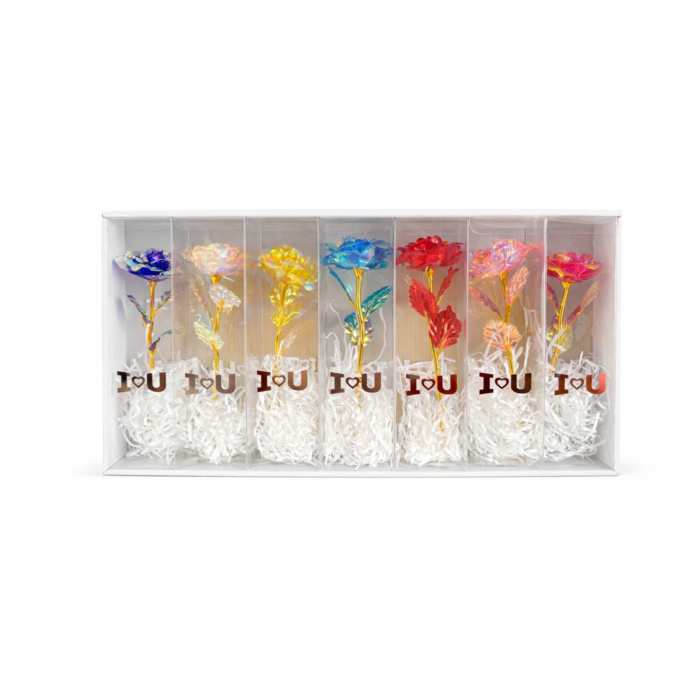 Set 7 flori artificiale cu LED si baterii incluse, ambalaj cadou I Love U, 26 x 7 cm