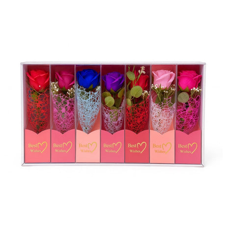 Set 7 trandafiri decorativi cu LED, in cutie Best Wishes, 26x7 cm, cadou elegant