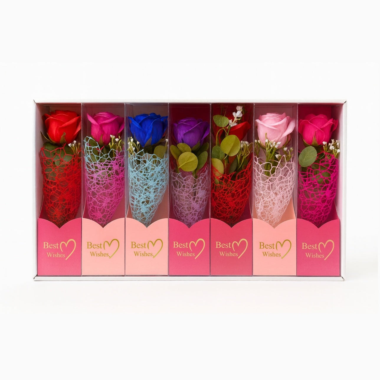 Set 7 trandafiri decorativi cu LED, in cutie Best Wishes, 26x7 cm, cadou elegant