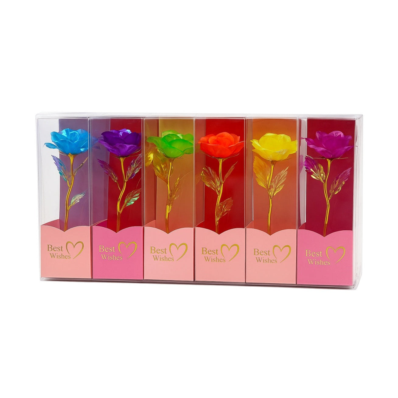 Set 7 trandafiri holografici cu LED, Best Wishes, multicolor, 26x7 cm, cadou elegant