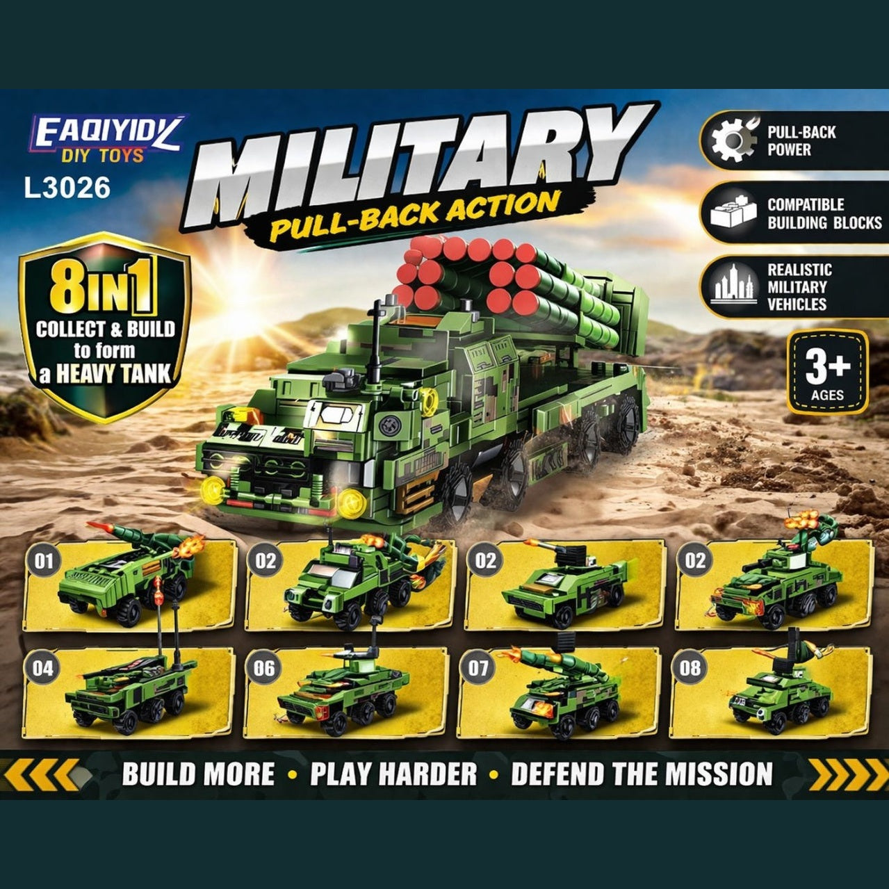 Set 8 jocuri constructie vehicule militare interconectabile, modele multiple, copii