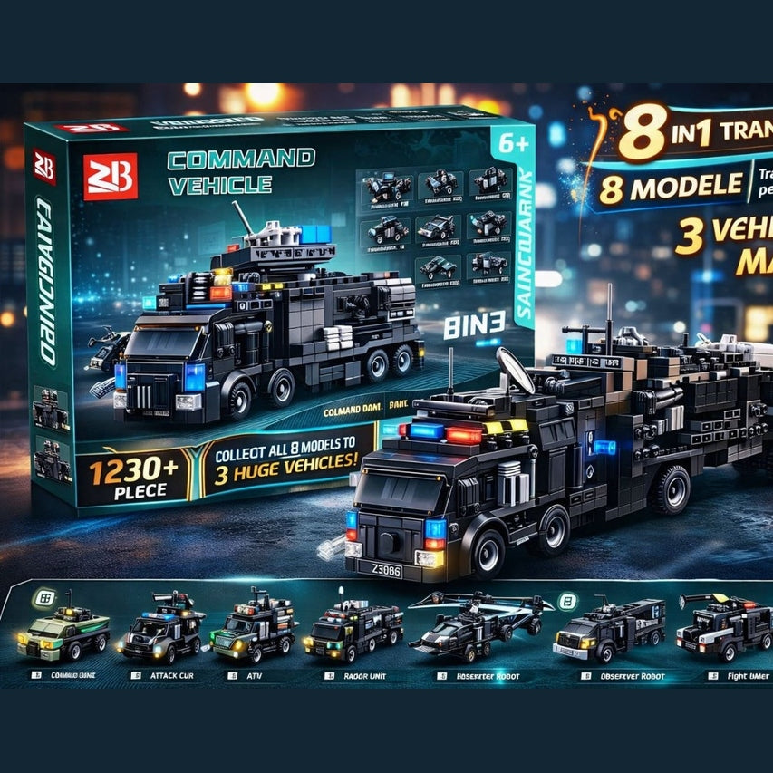 Set 8 jocuri constructie vehicule politie interconectabile, modele multiple, copii 6+