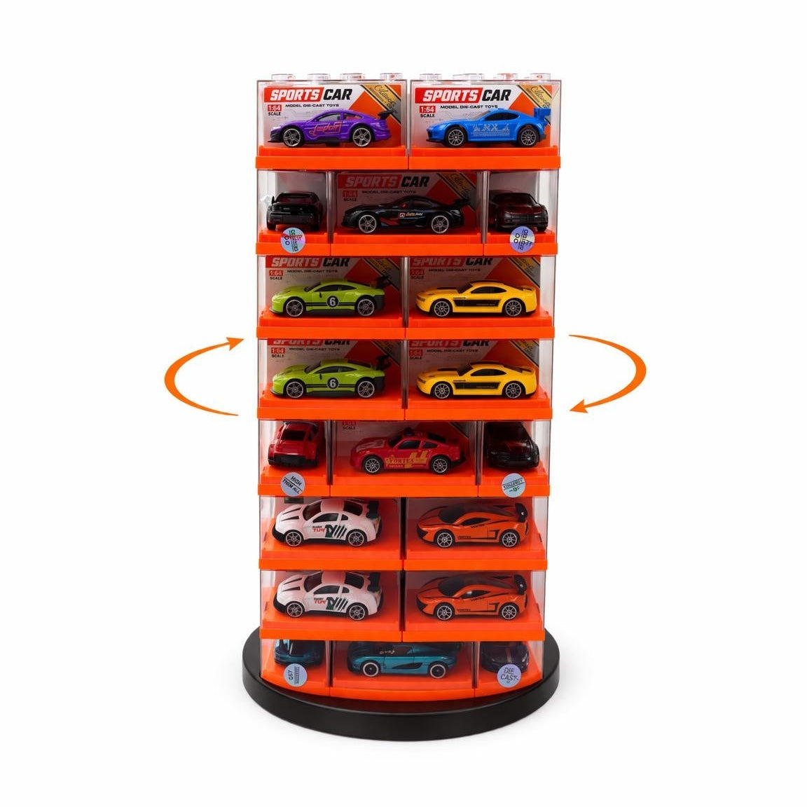 Set 96 masinute metalice dispuse pe stand rotativ, carcase modulare, 63 cm
