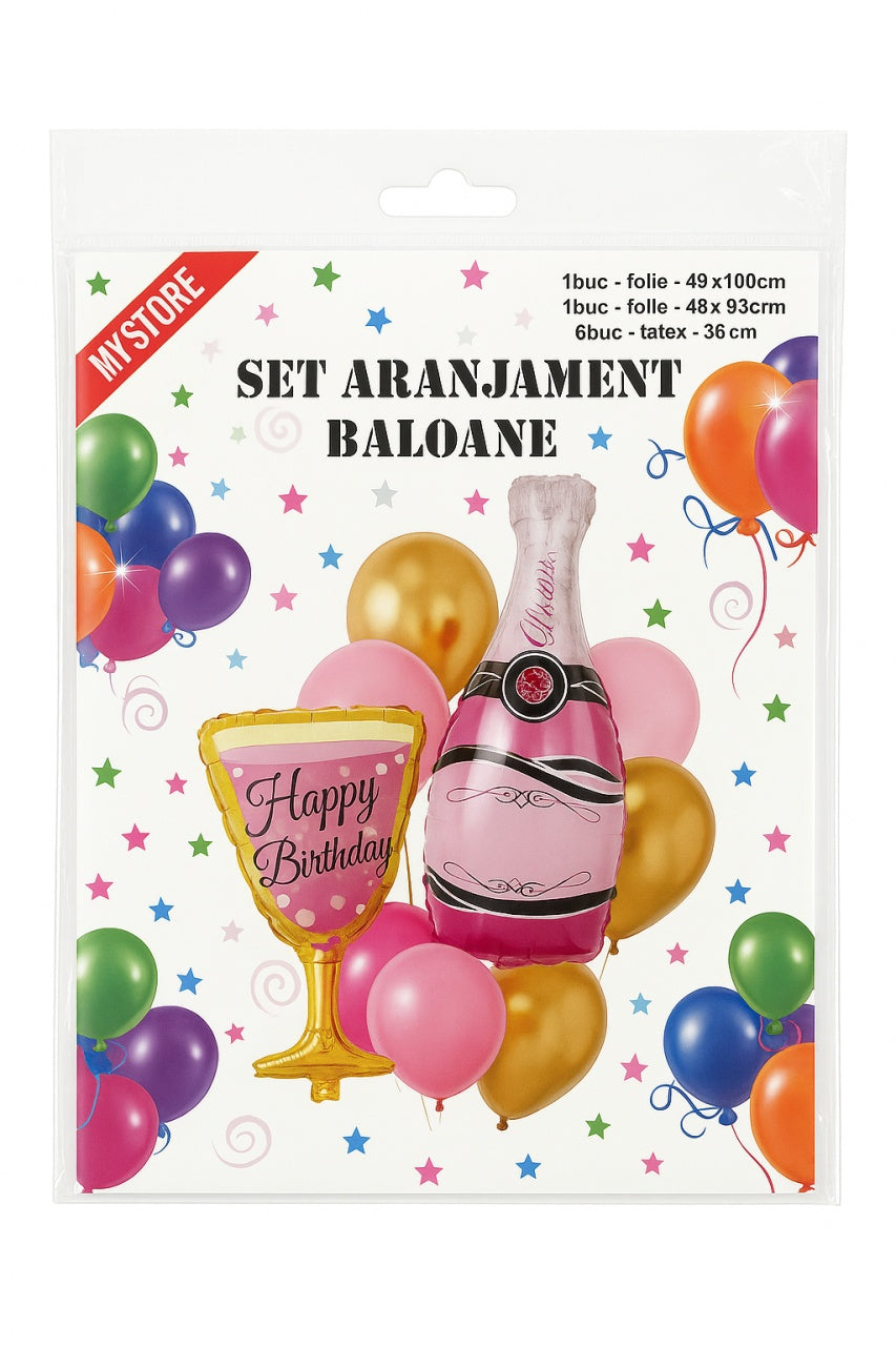 Set aranjament baloane Happy Birthday, sticla sampanie si pahar, 8 piese