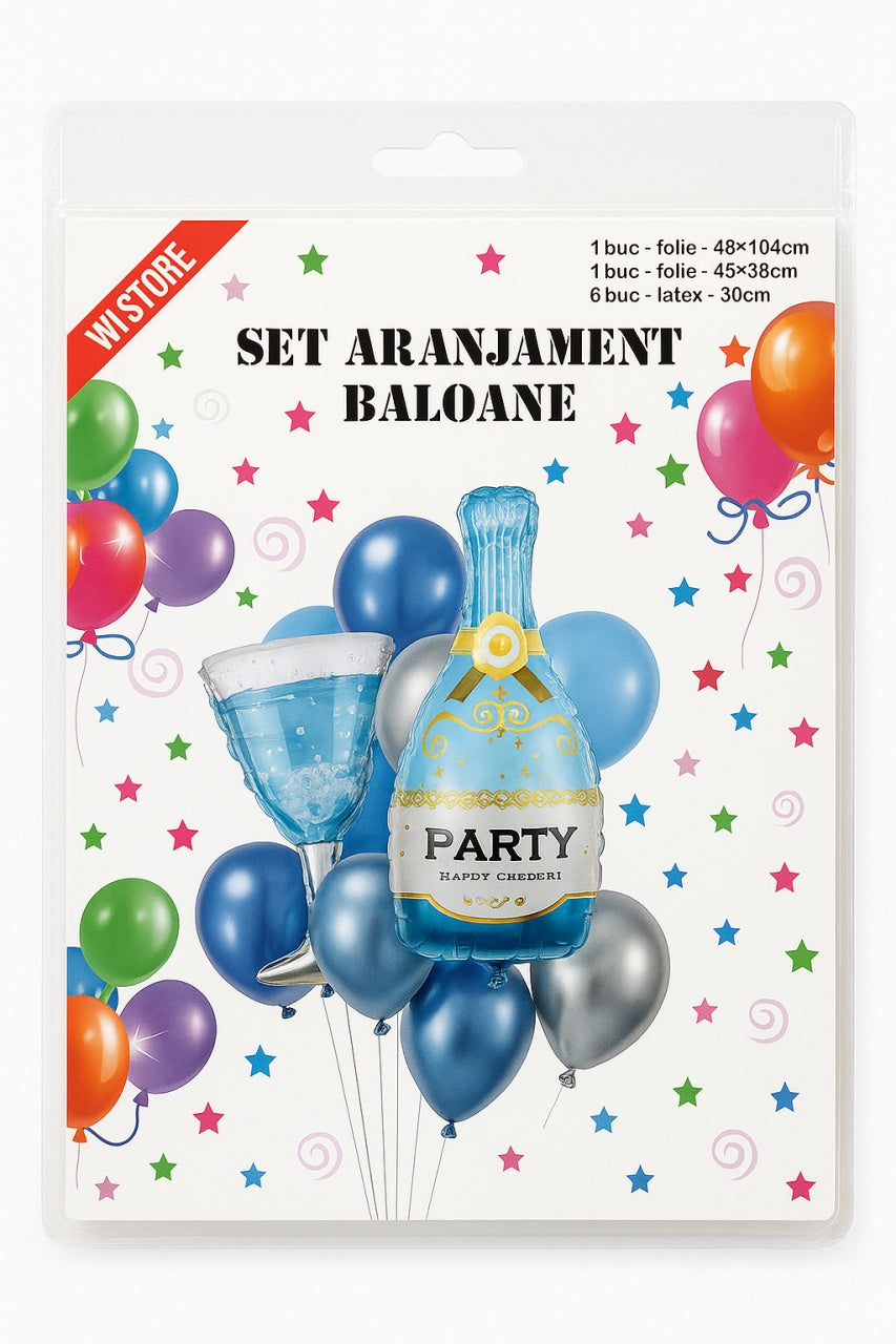 Set aranjament baloane party albastru , folie si latex, decor aniversar
