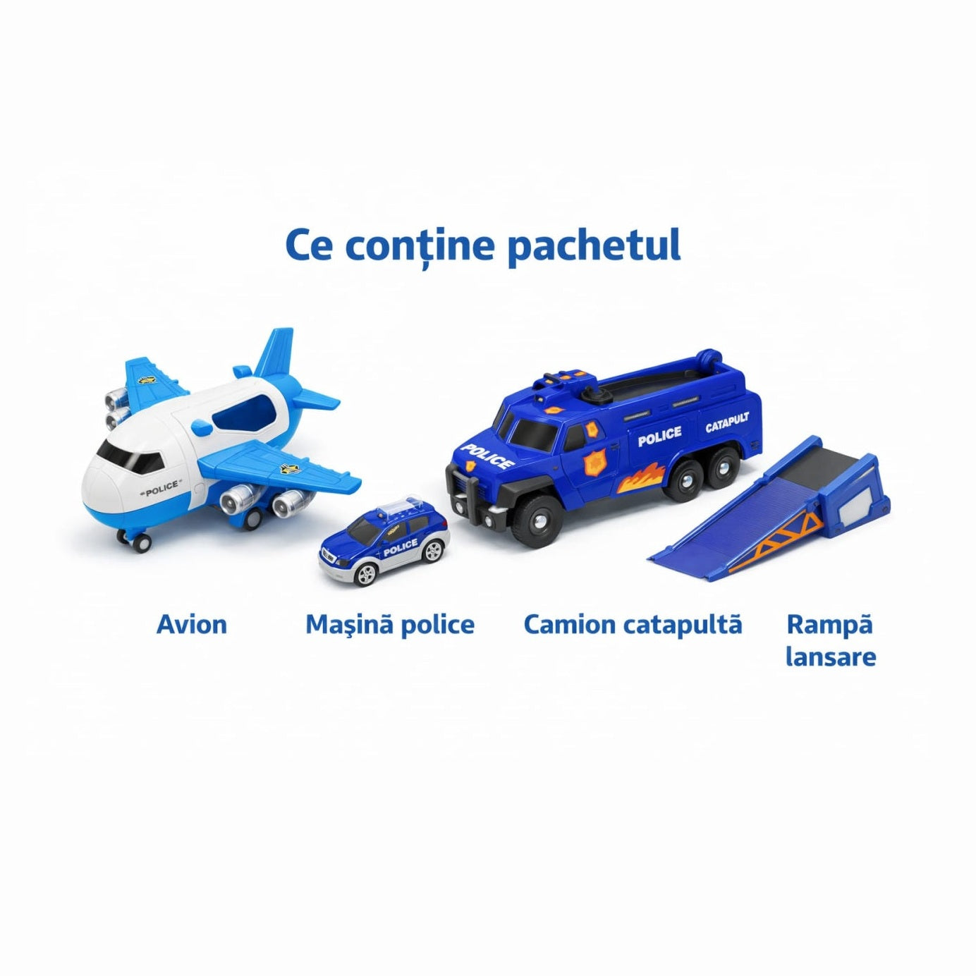Set avion transport cu camion politie si rampa lansare, jucarie copii