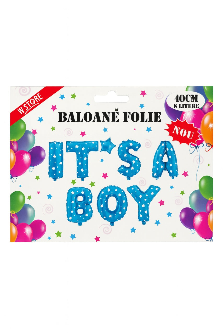 Set baloane folie IT S A BOY albastru 40 cm, 8 litere, decor botez si gender reveal