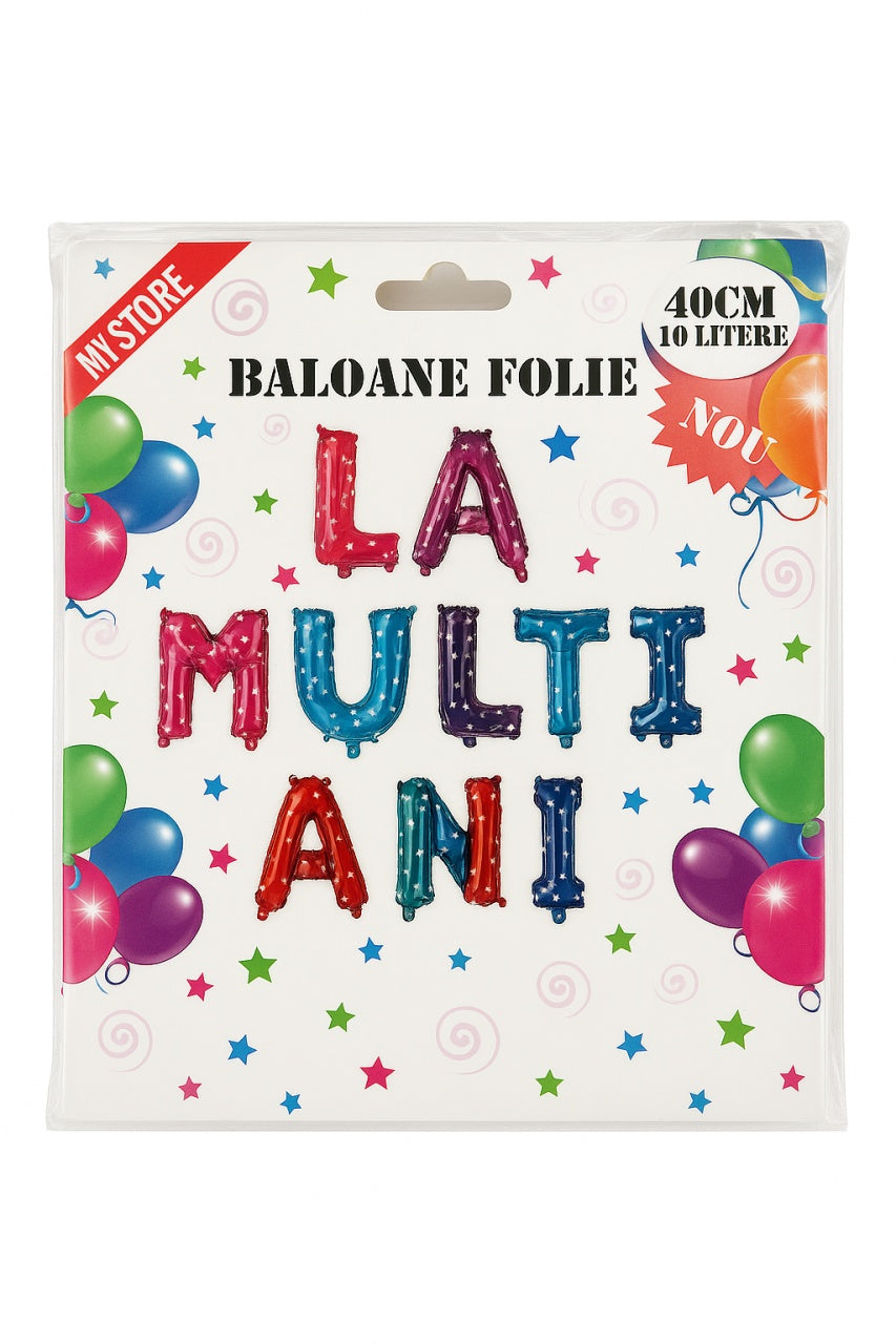 Set baloane folie LA MULTI ANI 40cm, 10 litere , model colorat cu stelute