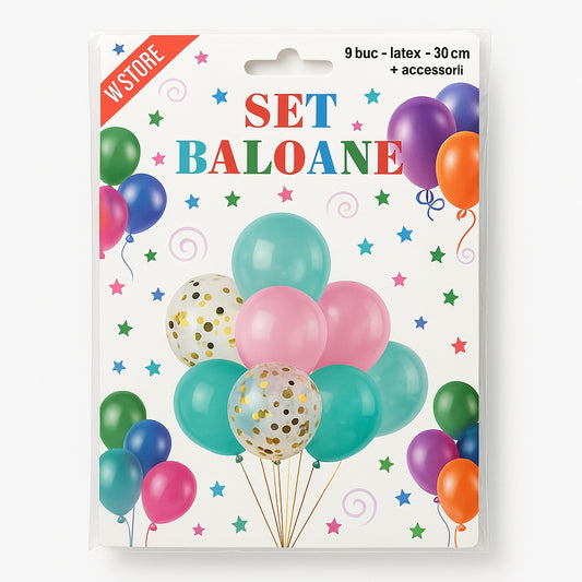 Set baloane latex 9 buc, 30 cm, multicolor cu confetti, accesorii incluse