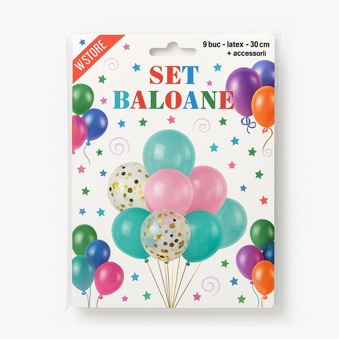 Set baloane latex 9 buc, 30 cm, multicolor cu confetti, accesorii incluse