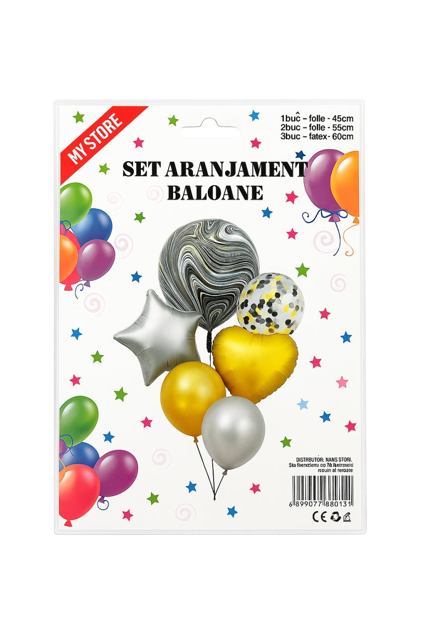 Set baloane latex La Multi Ani, 6 buc, 30 cm, model negru cu imprimeu colorat