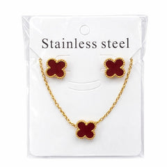 Set bijuterii Roxé auriu cu trifoi bordo, colier si cercei eleganti