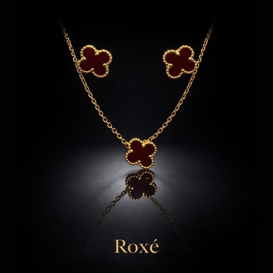 Set bijuterii Roxé auriu cu trifoi bordo, colier si cercei eleganti