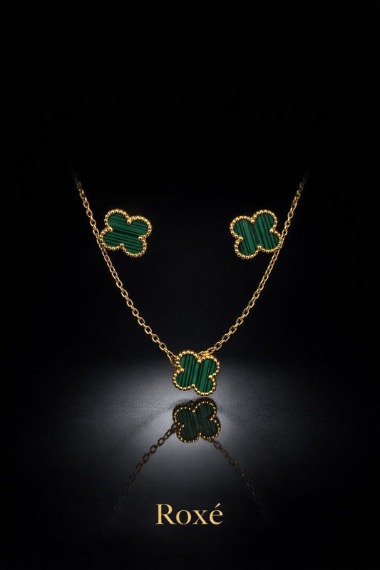 Set bijuterii Roxé auriu cu trifoi verde, colier si cercei eleganti
