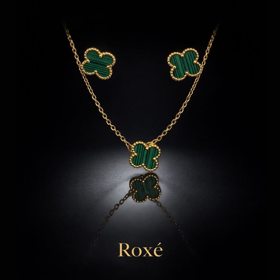Set bijuterii Roxé auriu cu trifoi verde, colier si cercei eleganti