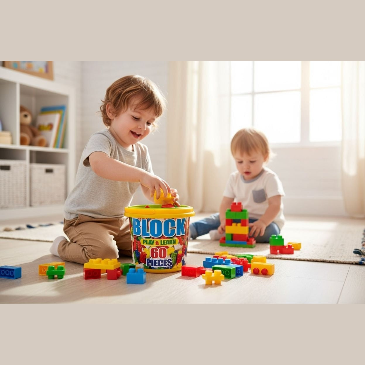 Set Blocuri de Construit Play Learn , 60 Piese , Galetusa din Plastic, 13x13cm