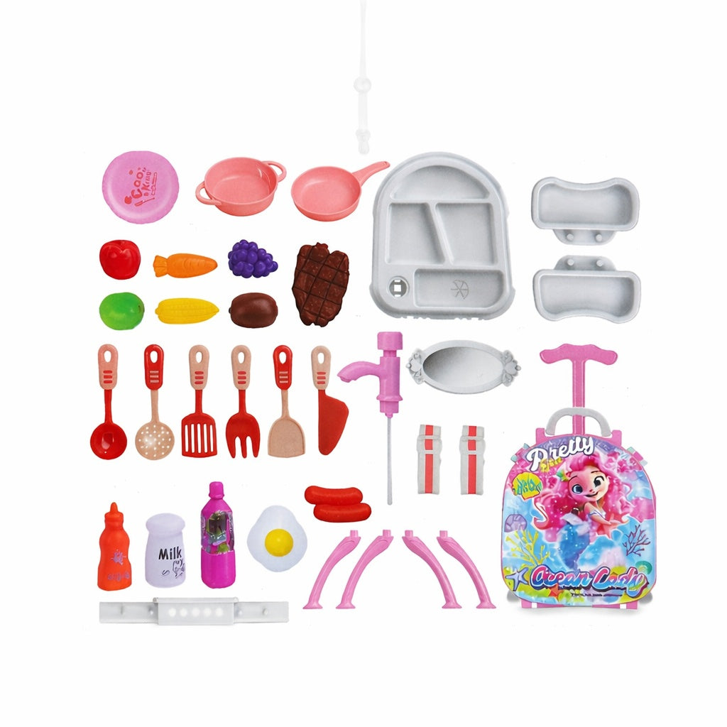 Set bucatarie copii in troler Pretty Ocean Lady cu accesorii, roz