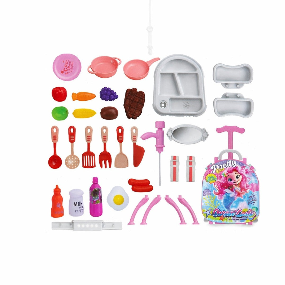 Set bucatarie copii in troler Pretty Ocean Lady cu accesorii, roz