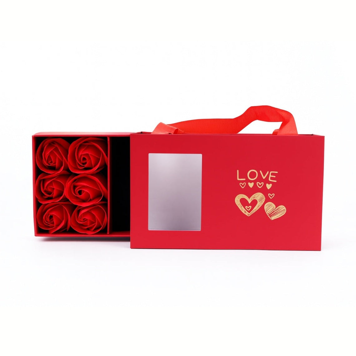 Set cadou cu 6 trandafiri de sapun rosii, cutie tip poseta cu fereastra, 15x9.5x5 cm