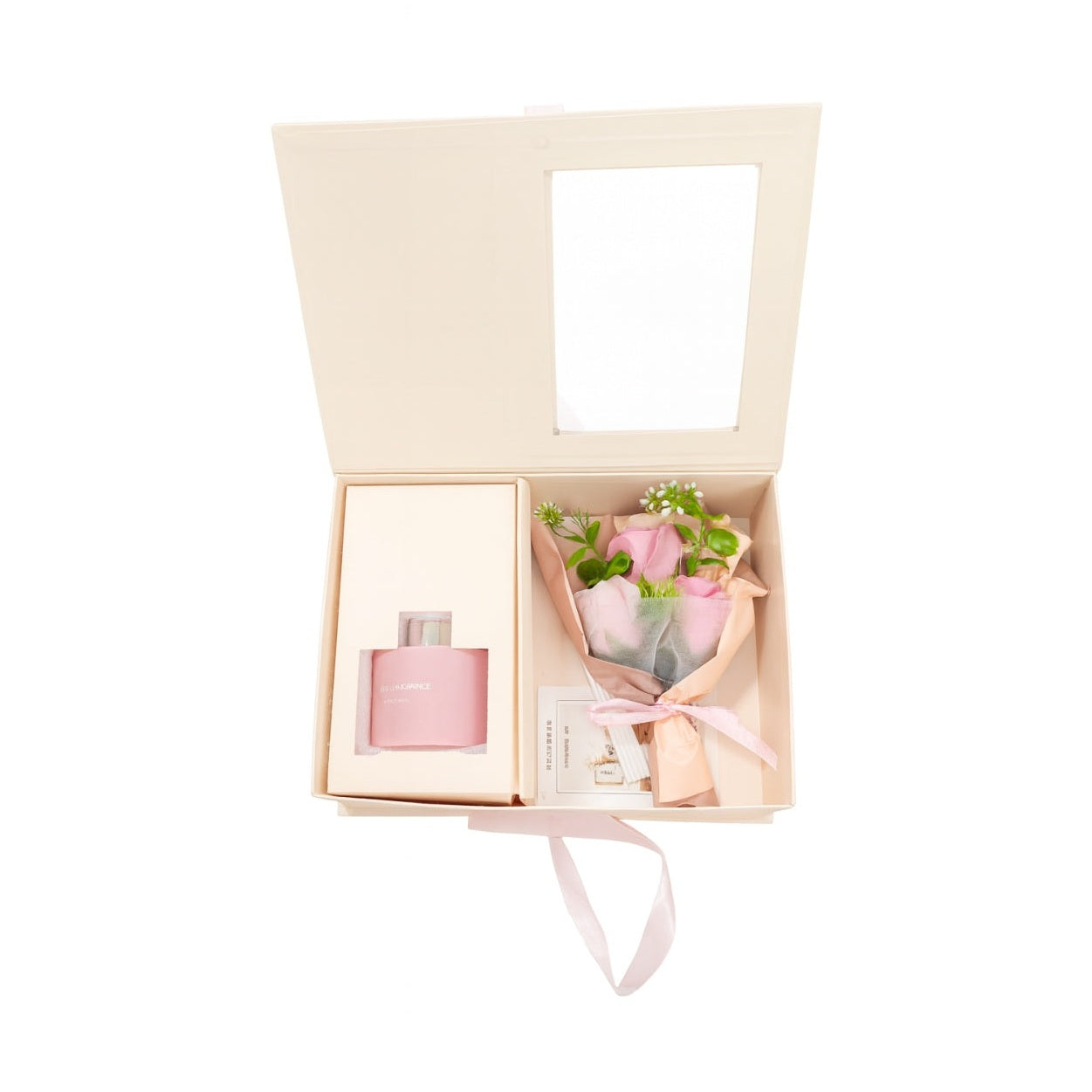 Set cadou premium roz 25x19x9.5 cm cu flori decorative si difuzor parfum, cutie eleganta + punga