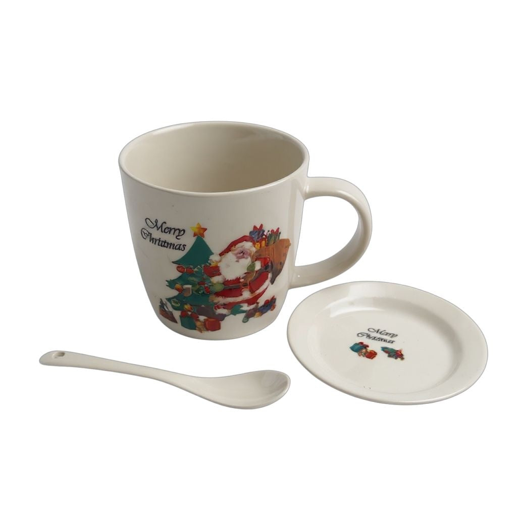 Set Cana Ceramica cu Lingurita si Farfuriuta, Tematica de Craciun, in Cutie Cadou , 17.5x15x9cm