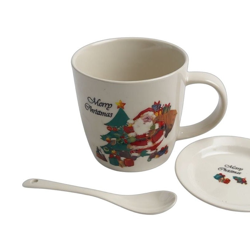 Set Cana Ceramica cu Lingurita si Farfuriuta, Tematica de Craciun, in Cutie Cadou , 17.5x15x9cm