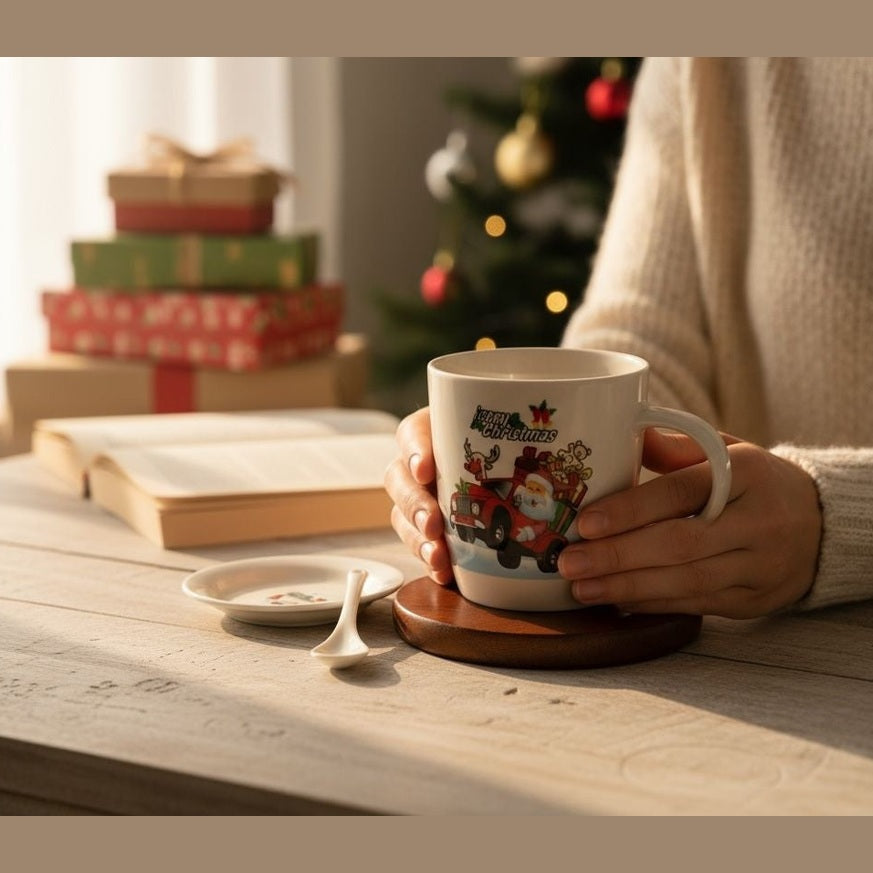 Set Cana Ceramica cu Lingurita si Farfuriuta, Tematica de Craciun, in Cutie Cadou , 17.5x15x9cm
