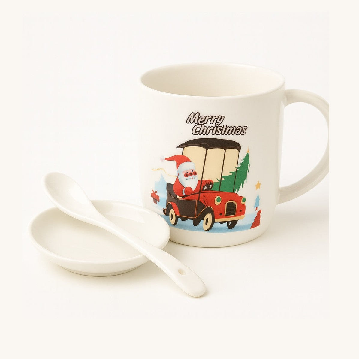 Set Cana Ceramica cu Lingurita si Farfuriuta, Tematica de Craciun, in Cutie Cadou , 17.5x15x9cm
