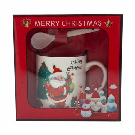 Set Cana Ceramica cu Lingurita, Tematica de Craciun, in Cutie Cadou , 14x14x8.5cm