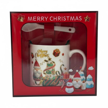 Set Cana Ceramica cu Lingurita, Tematica de Craciun, in Cutie Cadou , 14x14x8.5cm