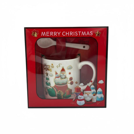 Set Cana Ceramica cu Lingurita, Tematica de Craciun, in Cutie Cadou , 14x14x8.5cm
