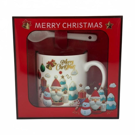 Set Cana Ceramica cu Lingurita, Tematica de Craciun, in Cutie Cadou , 14x14x8.5cm