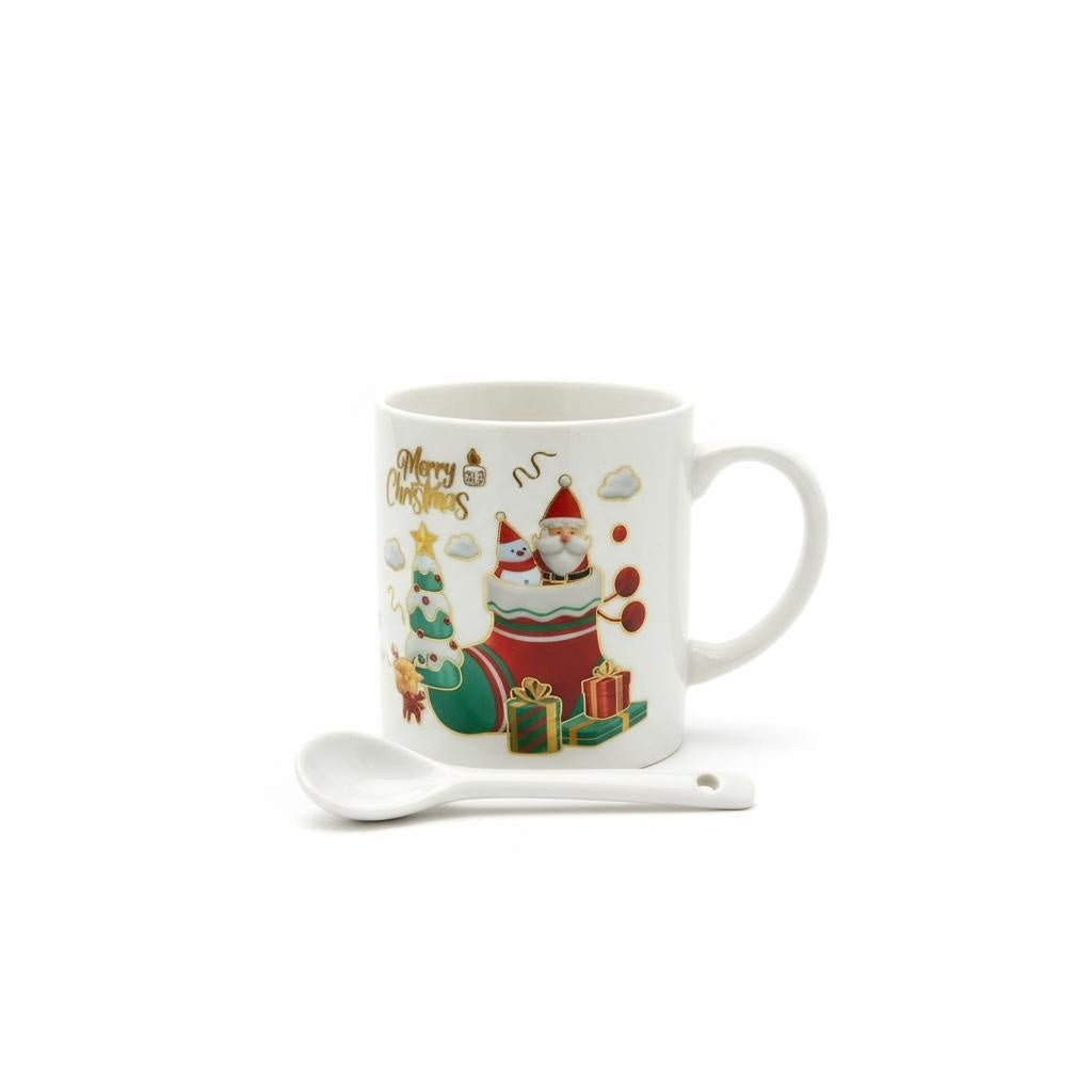 Set Cana Ceramica cu Lingurita, Tematica de Craciun, in Cutie Cadou , 14x14x8.5cm