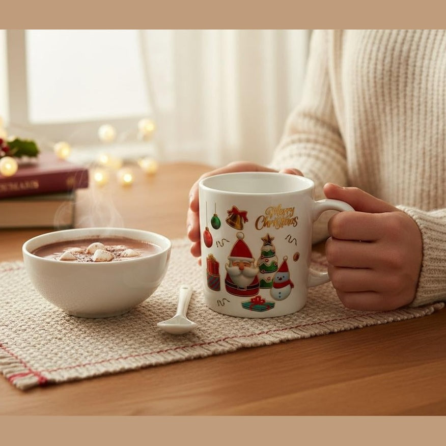 Set Cana Ceramica cu Lingurita, Tematica de Craciun, in Cutie Cadou , 14x14x8.5cm