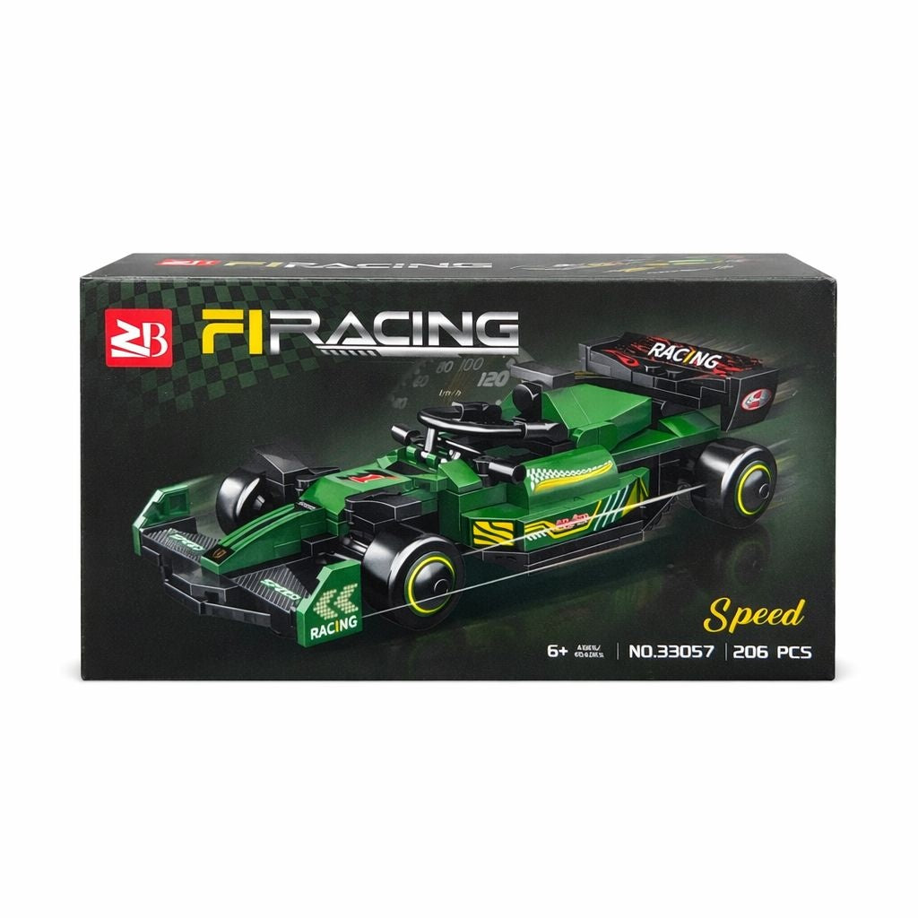 Set constructie masina de curse verde, 206 piese din plastic, 26cm