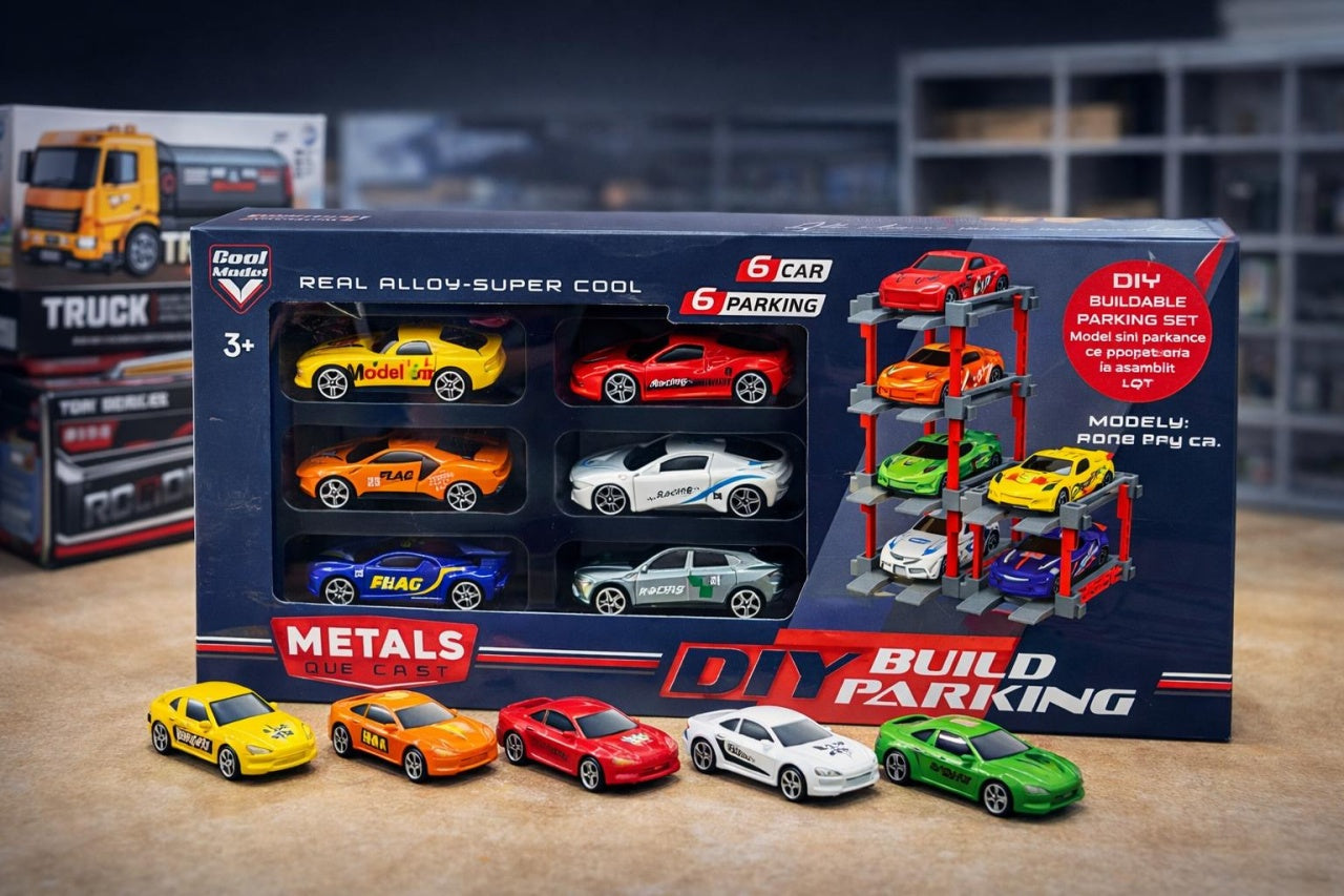 Set constructie parcare cu 6 masinute din metal die-cast, modele diverse