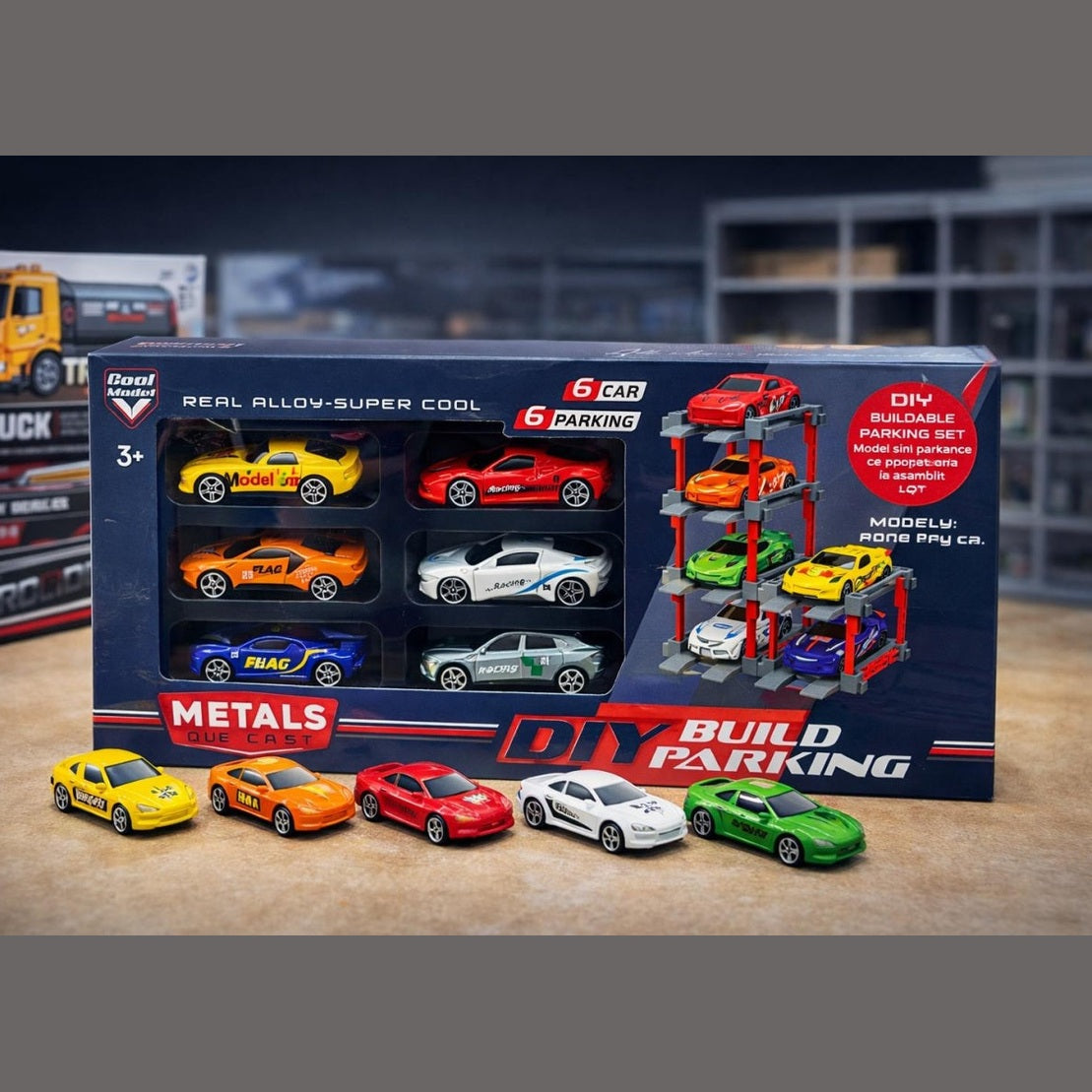Set constructie parcare cu 6 masinute din metal die-cast, modele diverse