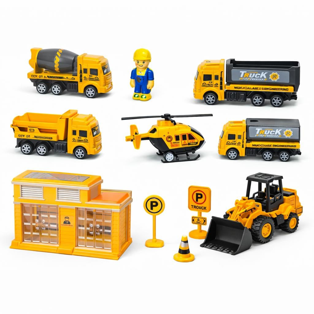 Set constructii pentru copii cu vehicule santier, figurine si accesorii, 42 cm