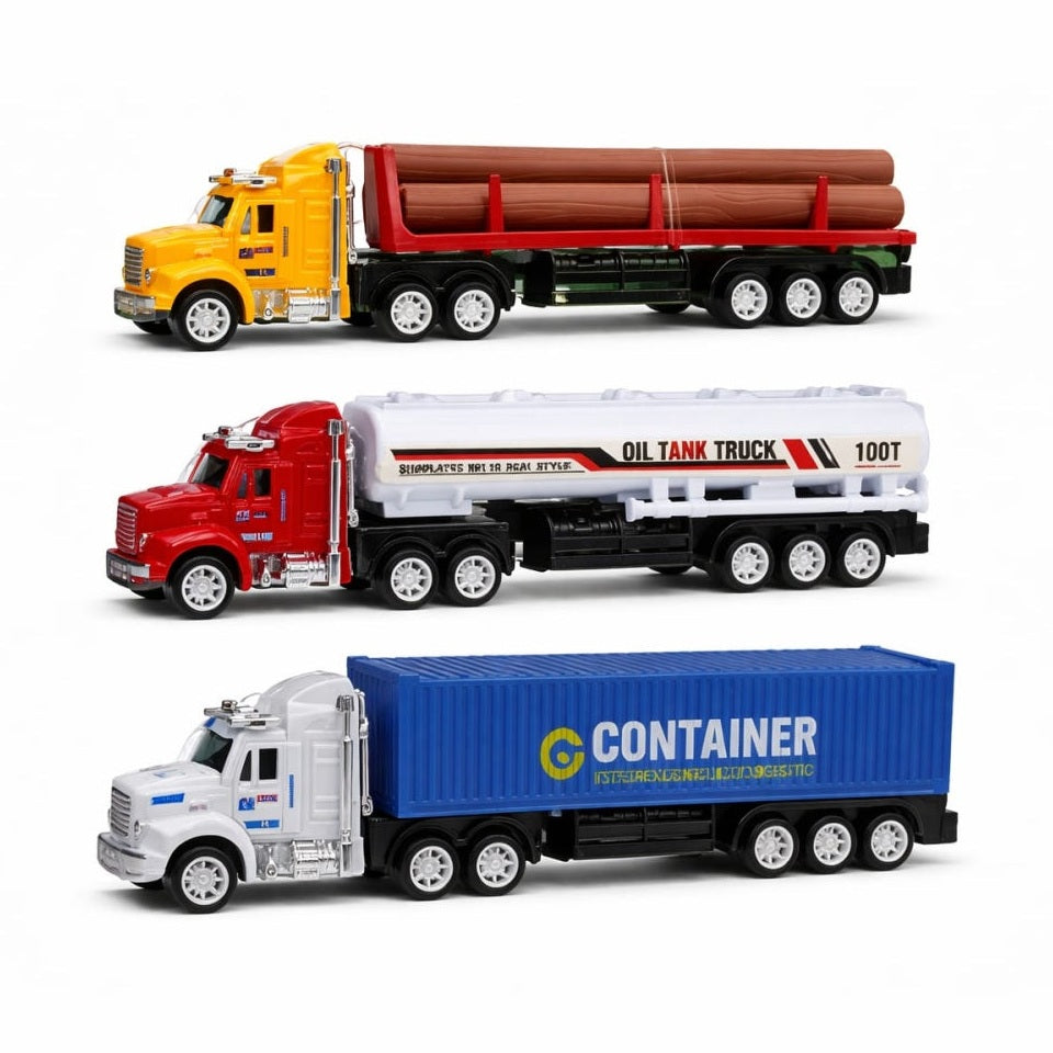 Set cu 3 camioane jucarie copii, transport lemne, cisterna si container, 24x22.5 cm